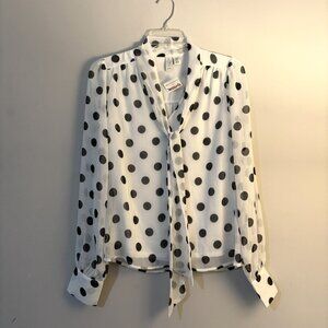 Joie Womens White Black Polka Dot Chiffon Tie Neck Shirt Top XS